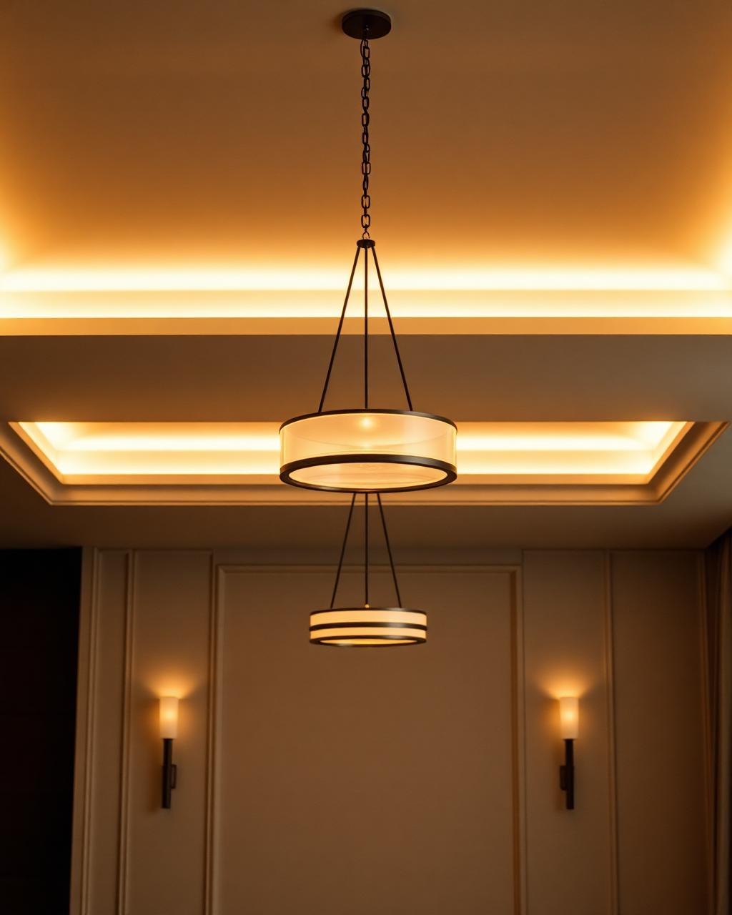 Elegant arkitektonisk pendelbelysning med varmt LED-ljus i ett förfinat rum