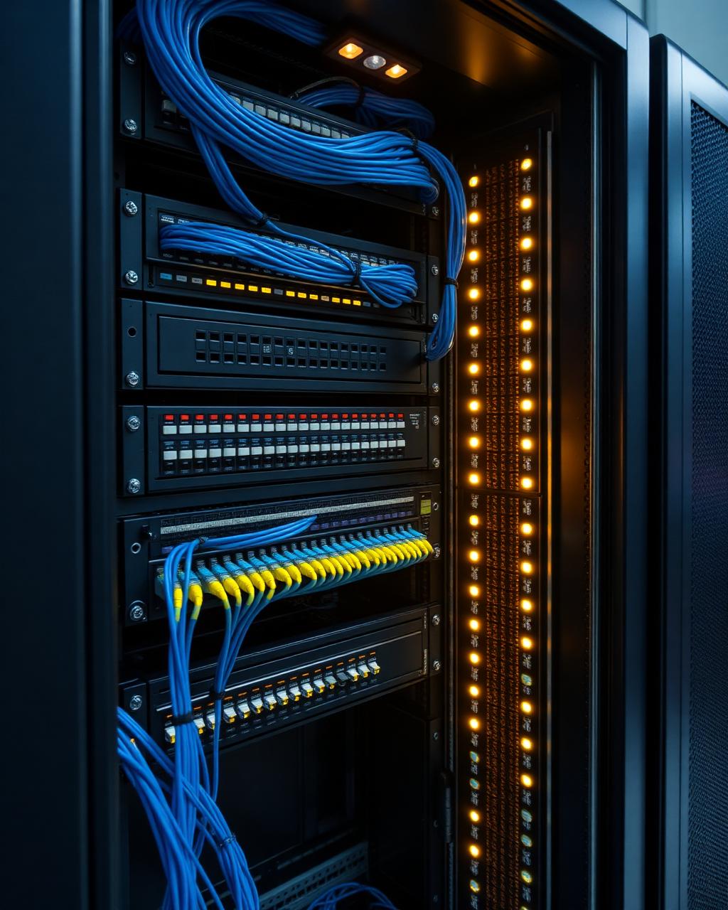 Prydligt organiserat nätverksrack med patchpanel och fiberoptiska anslutningar