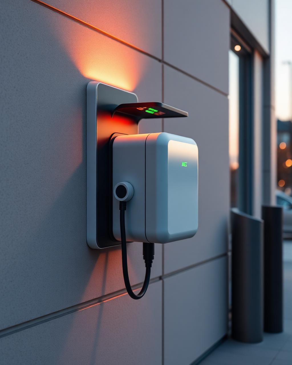 Snygg väggmonterad laddbox för elfordon på en modern fasad i kvällsljus